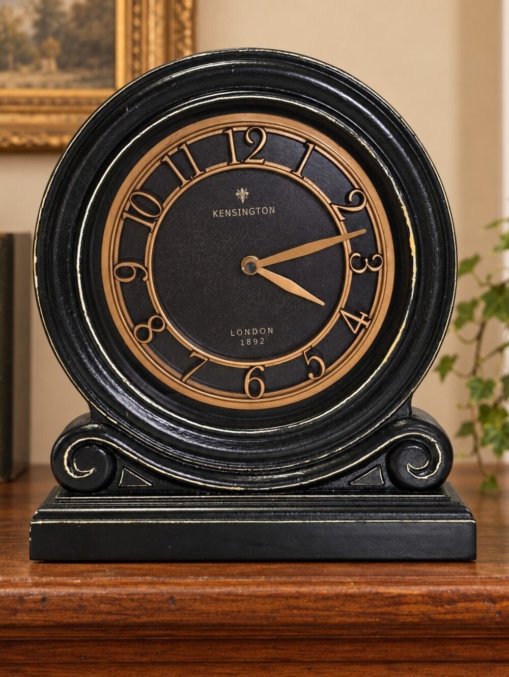 Old World Elegance Black Gold Mantel Clock with Ornate Scroll Base Decor Accent